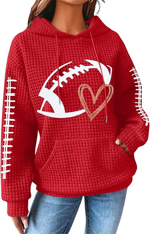 Game Day Hooded Sweatshirt Women Funny Football Graphic Shirt Waffle Knit Game Day Pullover Hoodies Long Sleeve