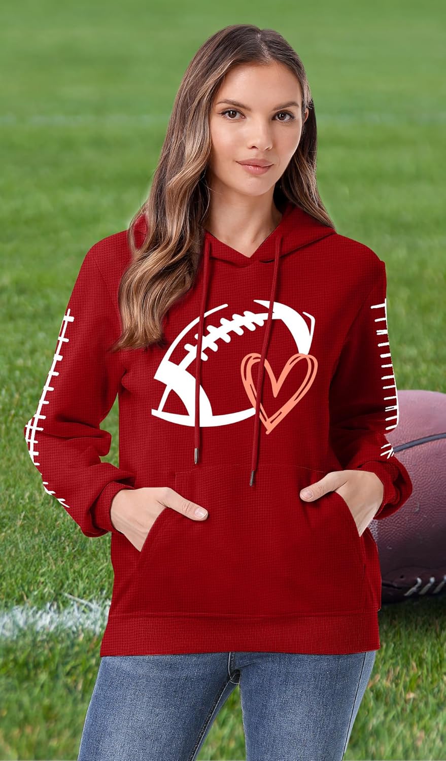 NEWWEN Game Day Sweatshirt Women Football Graphic Shirt Football Mom Waffle Knit Hoodie Game Day Long Sleeve Pullover Tops