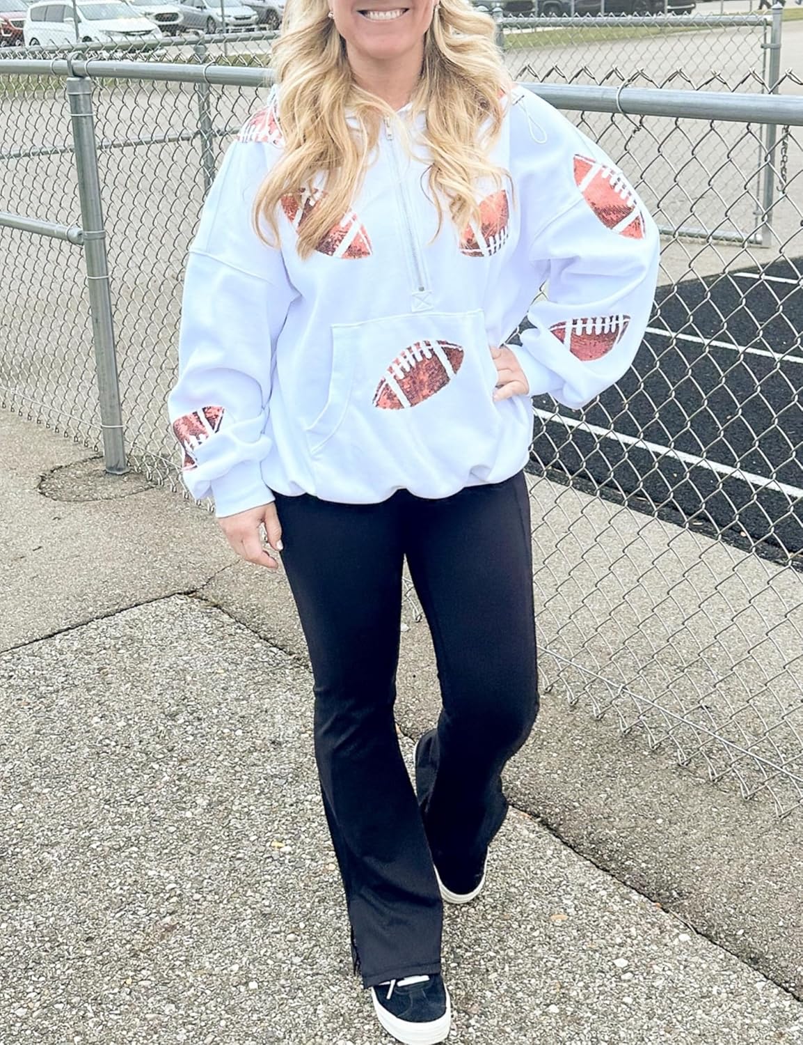 Womens Game Day Sweatshirts Football Sequin Hoodies Tailgate Outfits Long Sleeve Zipper Sweaters with Pocket
