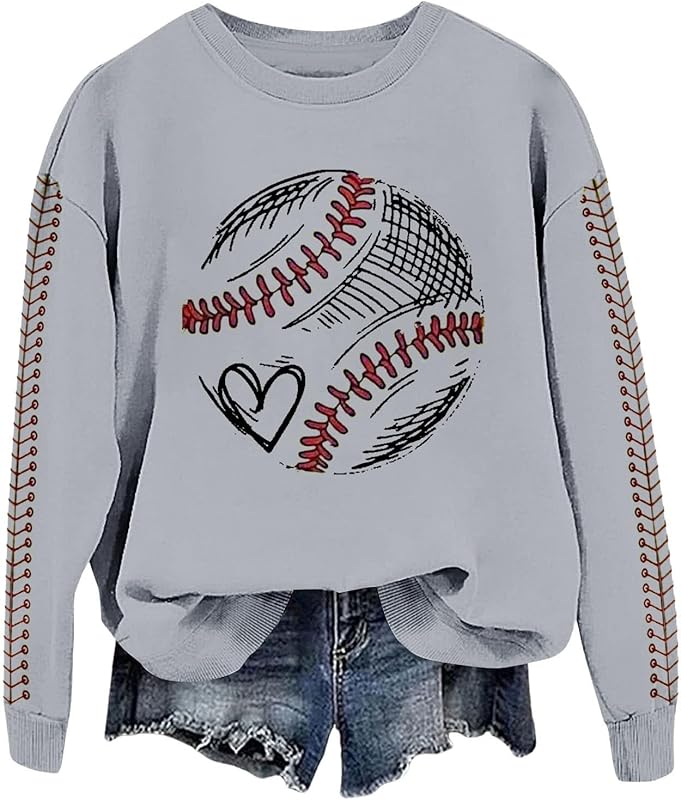 Baseball Mom Sweatshirt For Women Heart Printed Crewneck Long Sleeve 2025 Pullover Tops