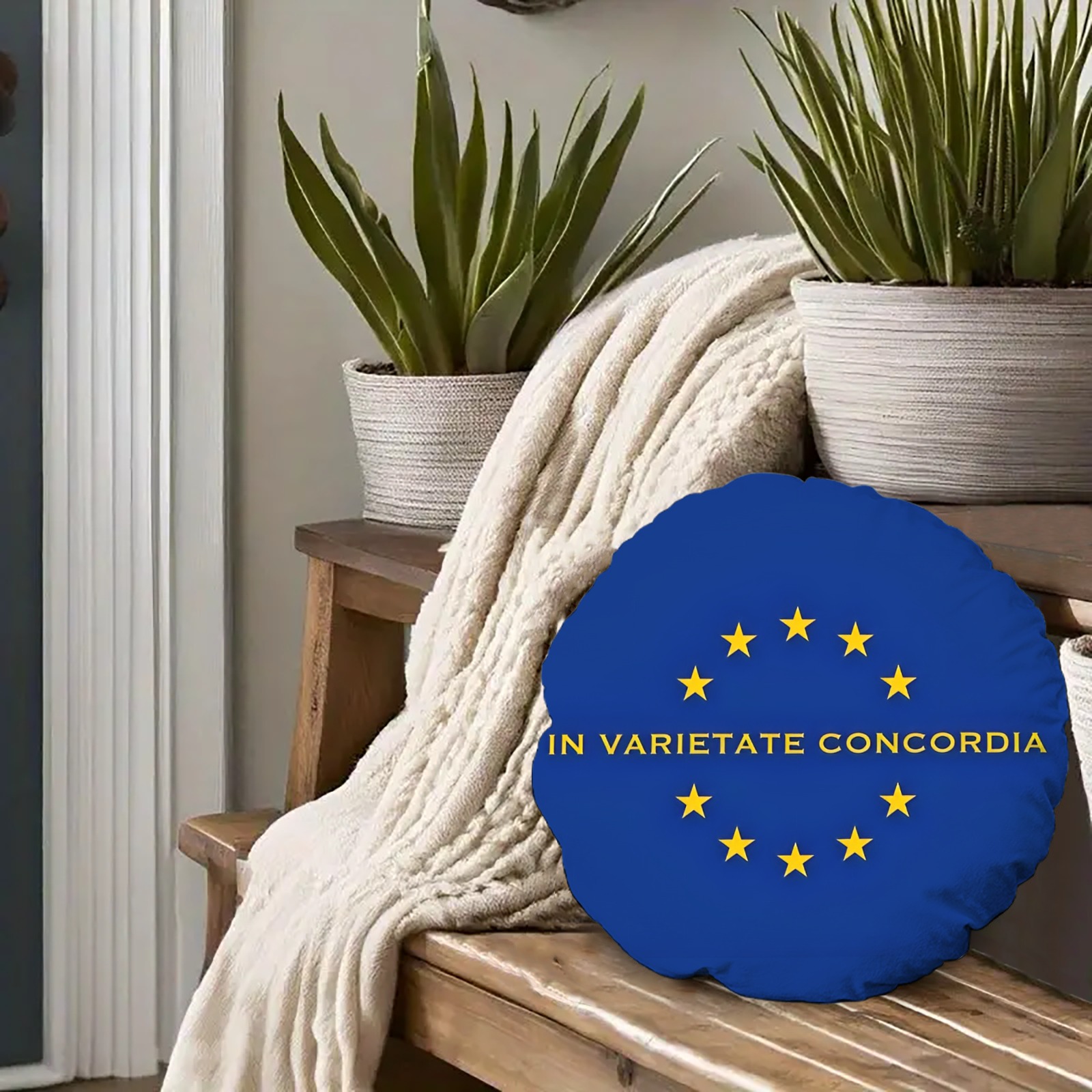 European - Inspired Round Throw Pillow with "In Varietate Concordia" Motif