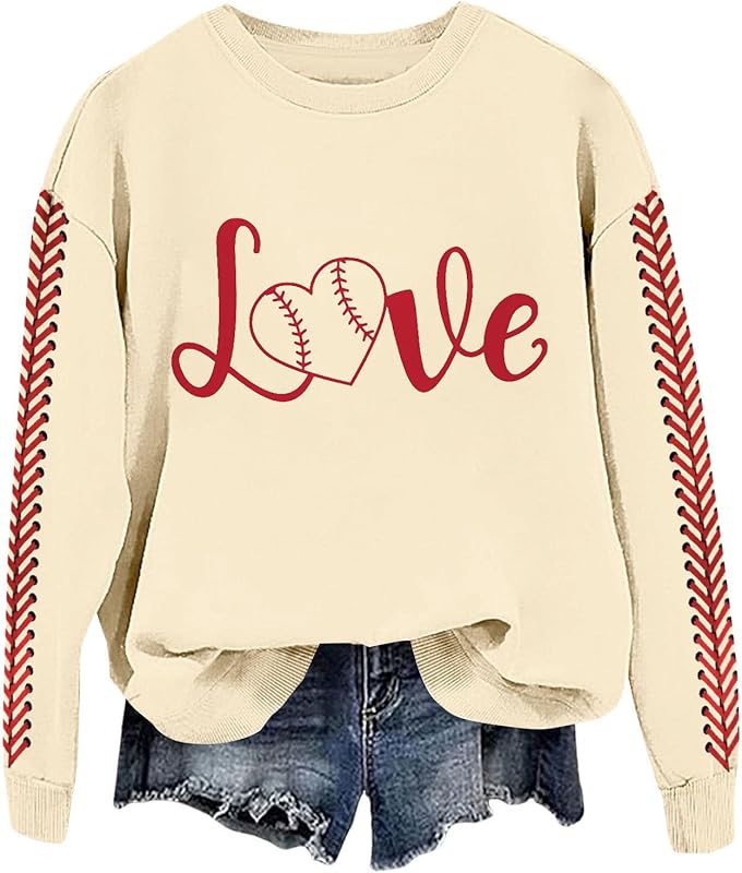 Baseball Mom Sweatshirt For Women Heart Printed Crewneck Long Sleeve 2025 Pullover Tops