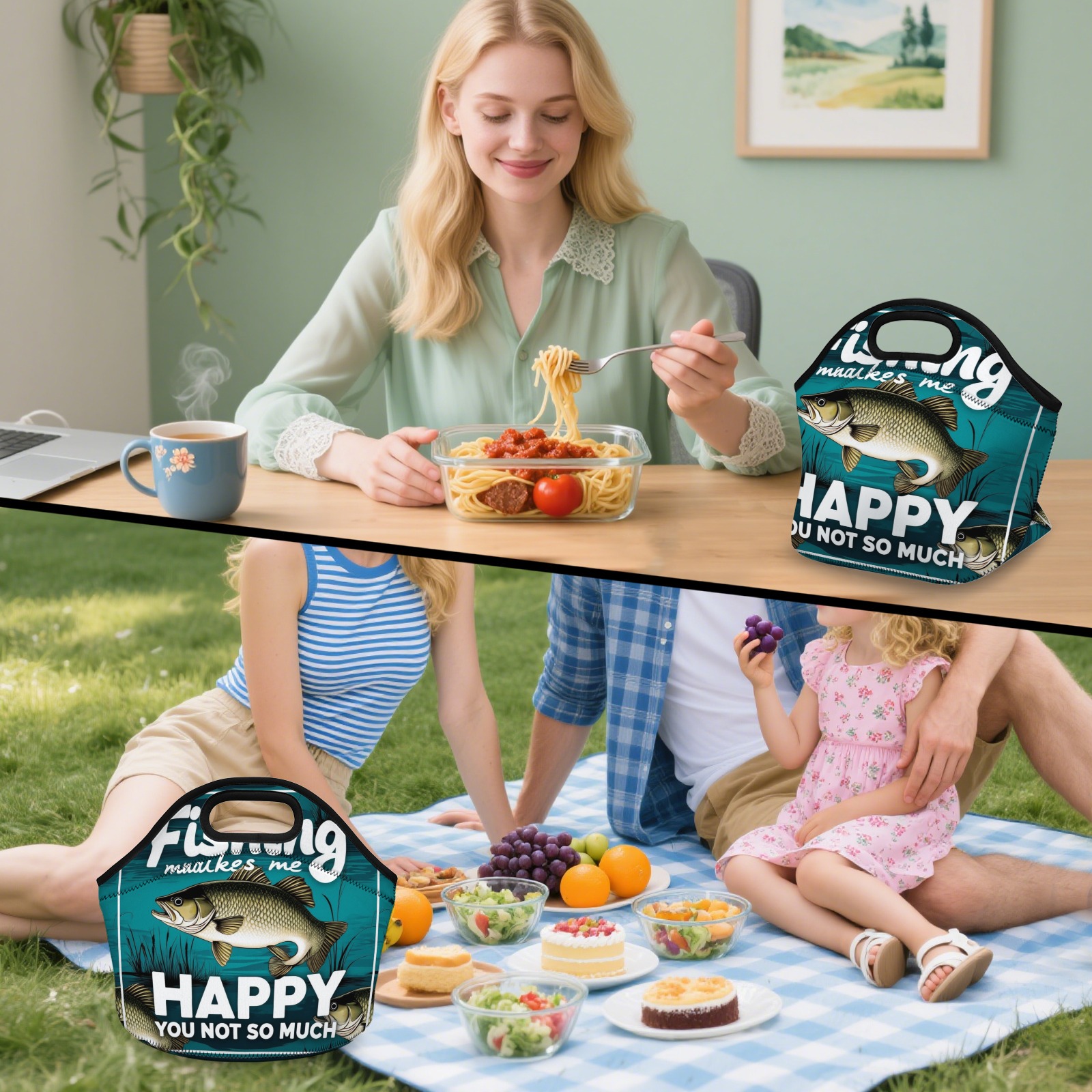 Fishing - Inspired Neoprene Lunch Bag - Insulated Tote for Work, Picnics-Pixelunique