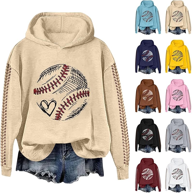 Heart Baseball Mom Hoodie For Women Mama Crewneck Long Sleeve Hooded Pullover Sweatshirts Tops 2025
