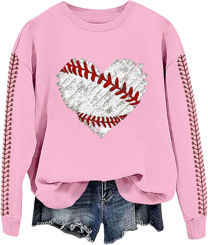 Baseball Mom Sweatshirt For Women Heart Printed Crewneck Long Sleeve 2025 Pullover Tops