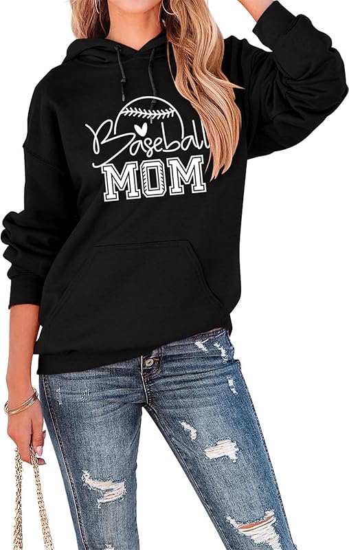 Womens Hoodies Baseball Mom Letter Graphic Sweatshirt Long Sleeve Casual Hooded Pullovers Fall Loose Lightweight Tops