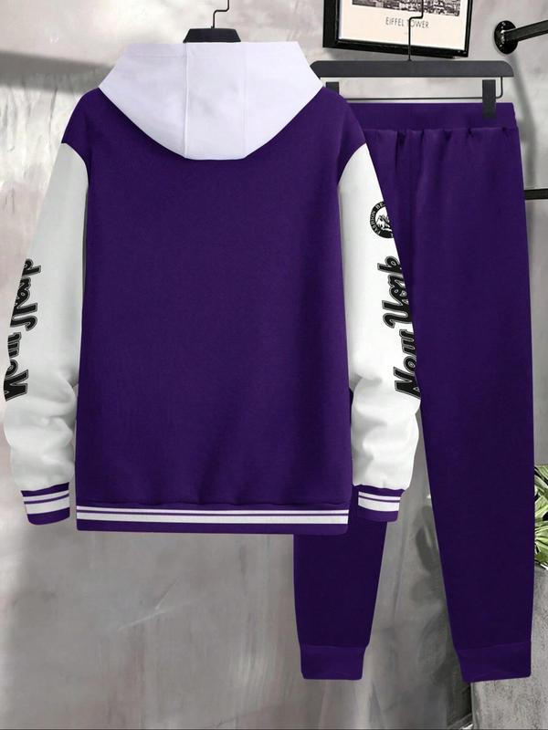 Men's Letter Print Slogan Baseball Jacket & Pants Two-piece Set, Loose Casual Long Sleeve Baseball Collar Outerwear & Trousers for Daily Wear, Men's Two-piece Outfits for Fall & Winter