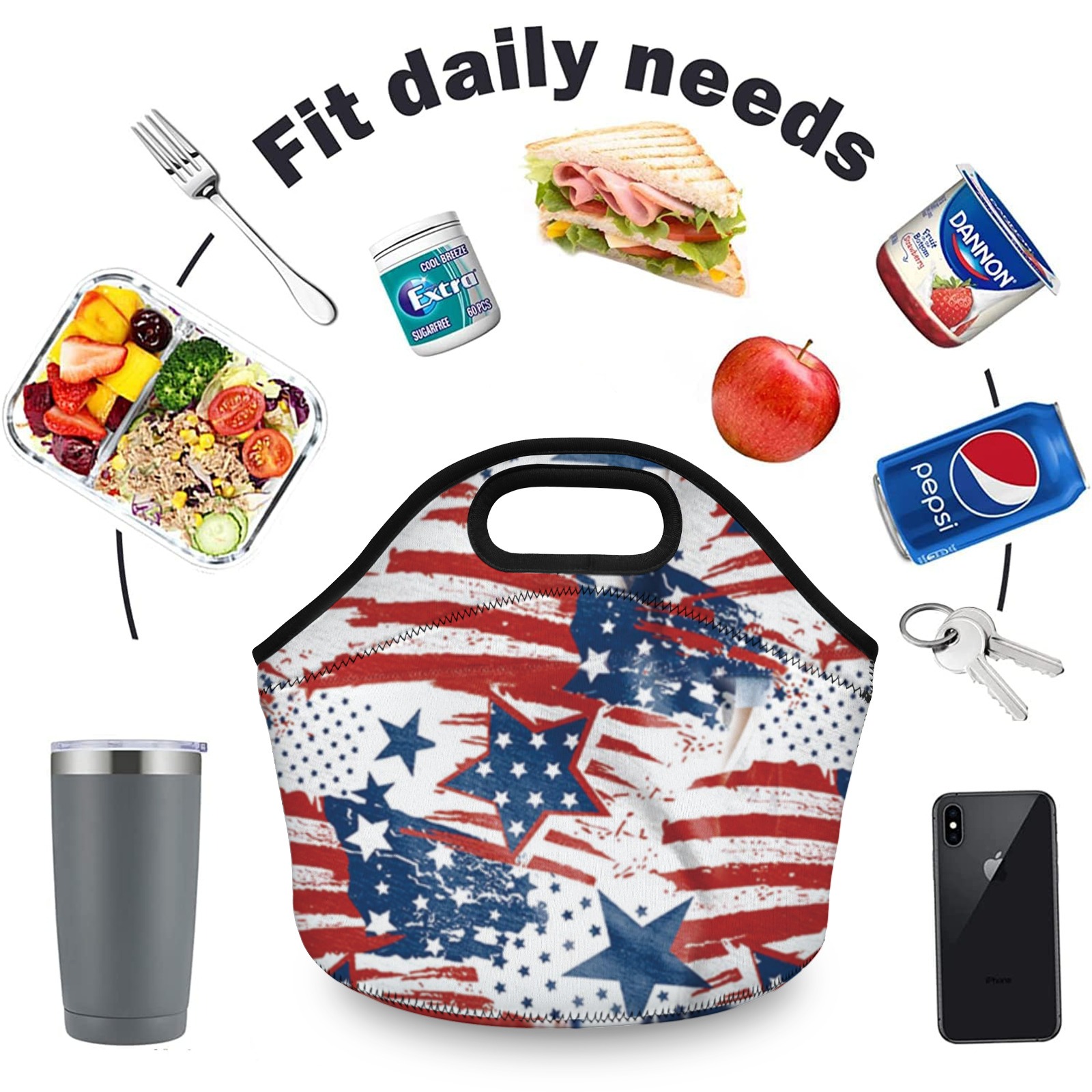 American Flag Pattern Neoprene Lunch Bag - Insulated Tote for Work & Picnics-Pixelunique