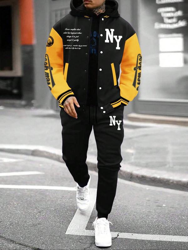 Men's Letter Print Slogan Baseball Jacket & Pants Two-piece Set, Loose Casual Long Sleeve Baseball Collar Outerwear & Trousers for Daily Wear, Men's Two-piece Outfits for Fall & Winter