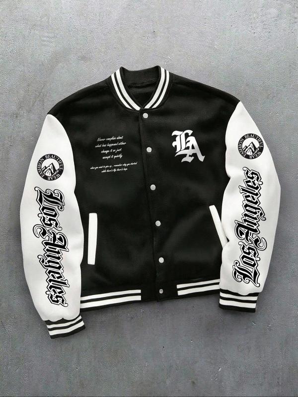 Men's Los Angeles Team Jacket, Graphic Letter Print Long Sleeve Baseball Jacket, Preppy Style Thick Fabric Fitted Coat for Fall & Winter