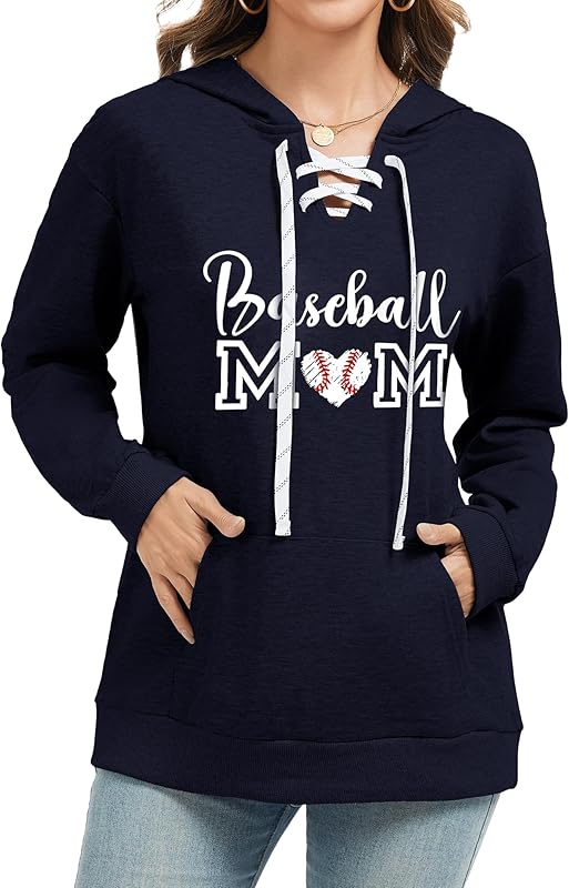 Women's V Neck Long Sleeve Baseball Hoodie Sweatshirt Pullover Loose Mom Shirt