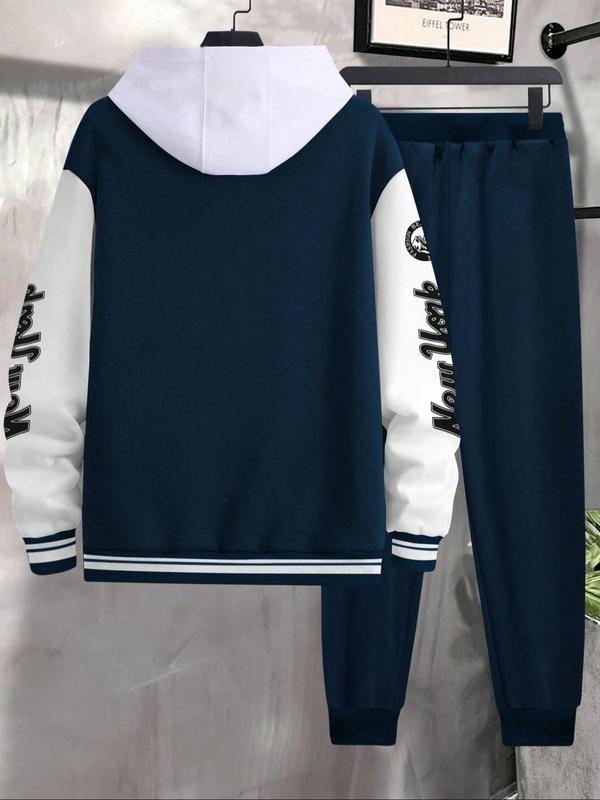 Men's Letter Print Slogan Baseball Jacket & Pants Two-piece Set, Loose Casual Long Sleeve Baseball Collar Outerwear & Trousers for Daily Wear, Men's Two-piece Outfits for Fall & Winter