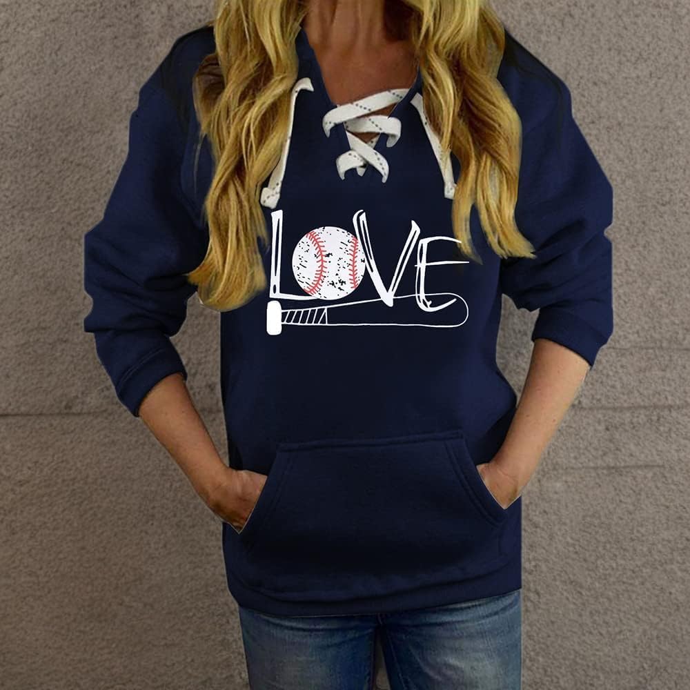 Women's V Neck Long Sleeve Baseball Hoodie Sweatshirt Pullover Loose Mom Shirt