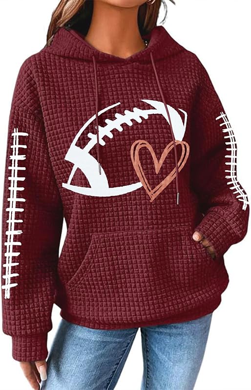 Game Day Hooded Sweatshirt Women Funny Football Graphic Shirt Waffle Knit Game Day Pullover Hoodies Long Sleeve