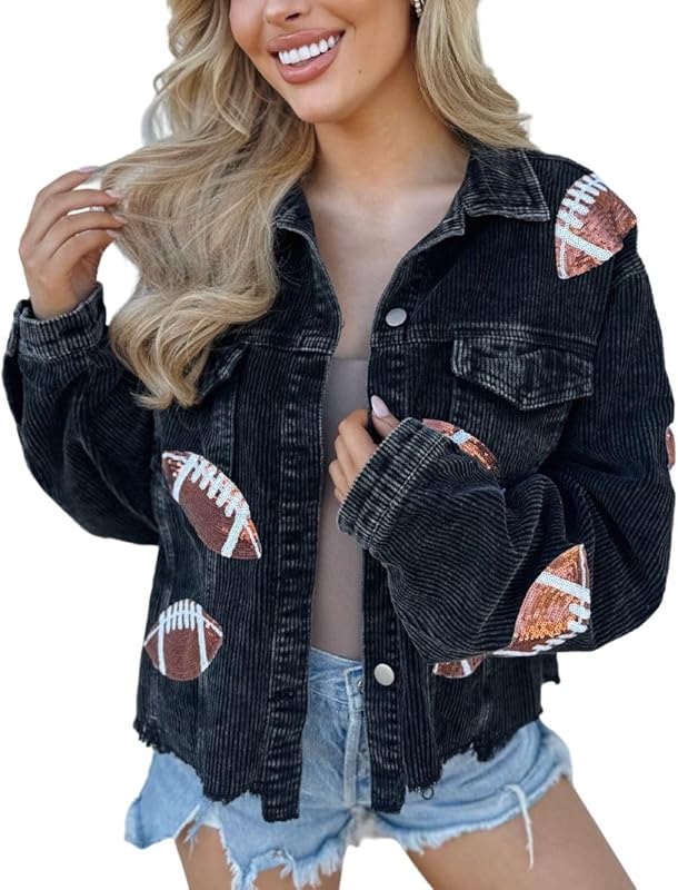 Women's Game Day Outfit Jacket Football Sequin Patched Raw Hem Cropped Corduroy Shacket Coat