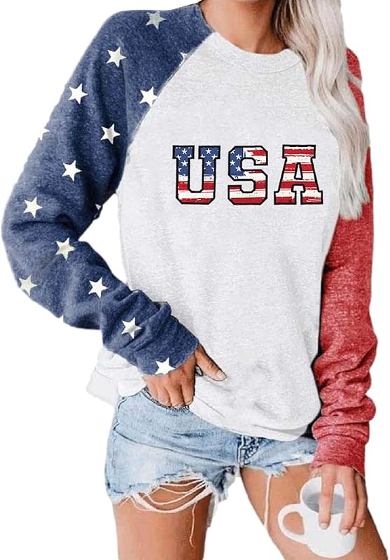 Womens Long Sleeve Shirt Baseball Shirt Mom Shirt American Flag Shirt Star Sweatshirt