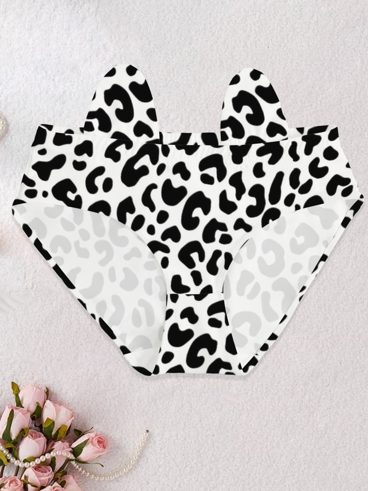 Cute Leopard Print Cat Ear Panties for Women - Black & White Animal Print Cheeky Underwear