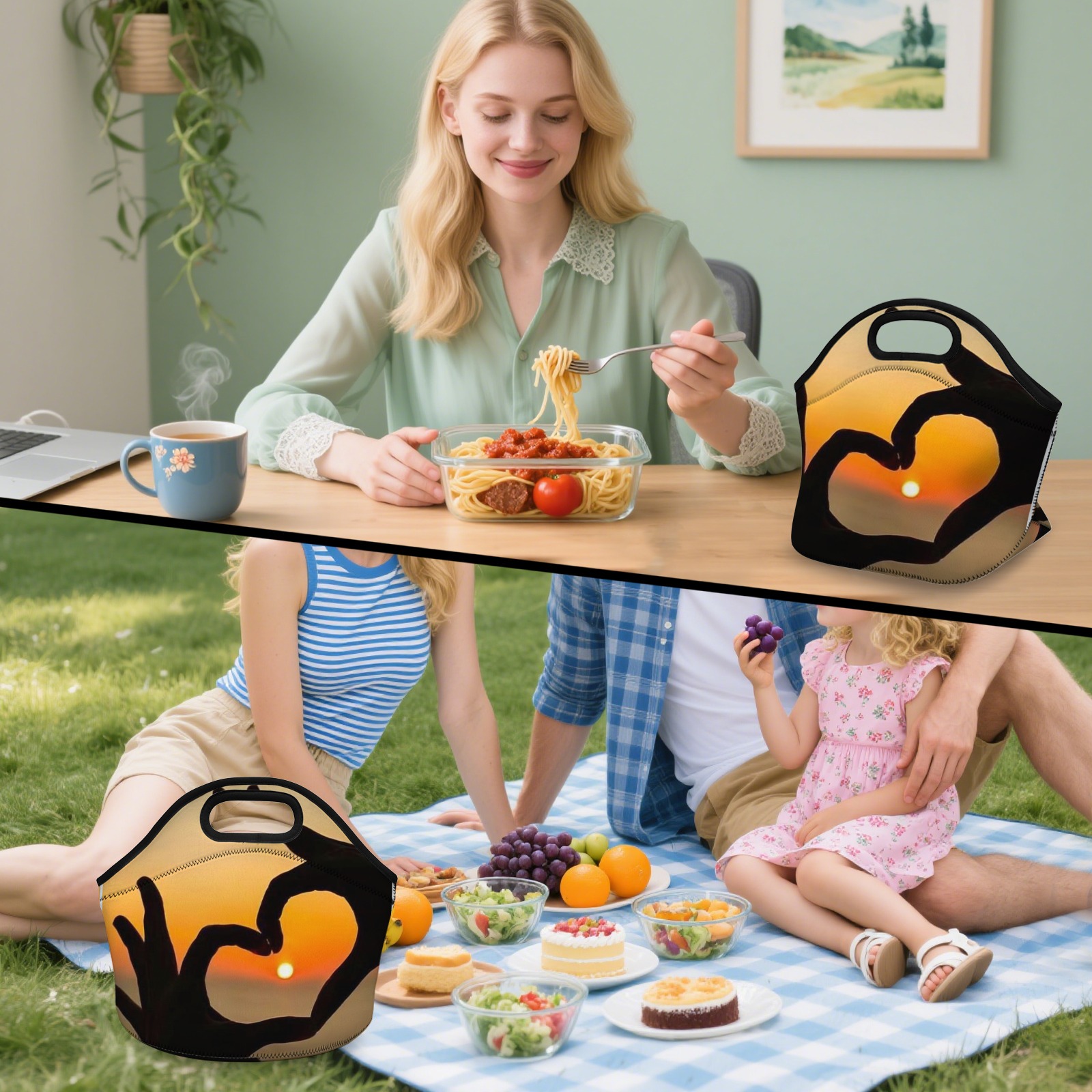 Sunset Heart - Hand Graphic Neoprene Lunch Bag - Insulated Tote for Work & Picnics