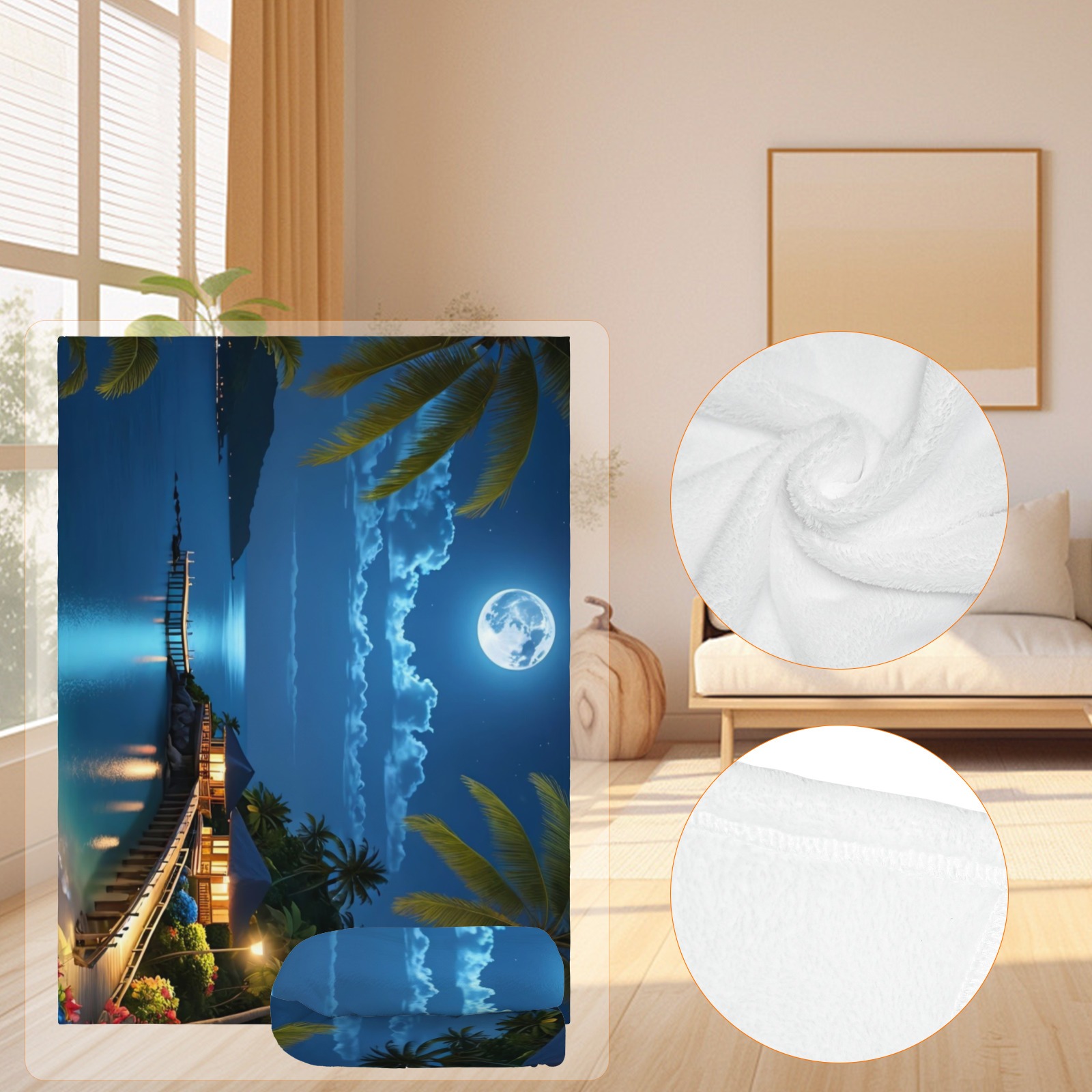 Tropical Moonlit Beach Throw Blanket, Soft Flannel with Stunning Night Sky Scene, Lightweight & Warm for Adults and Kids-Pixelunique