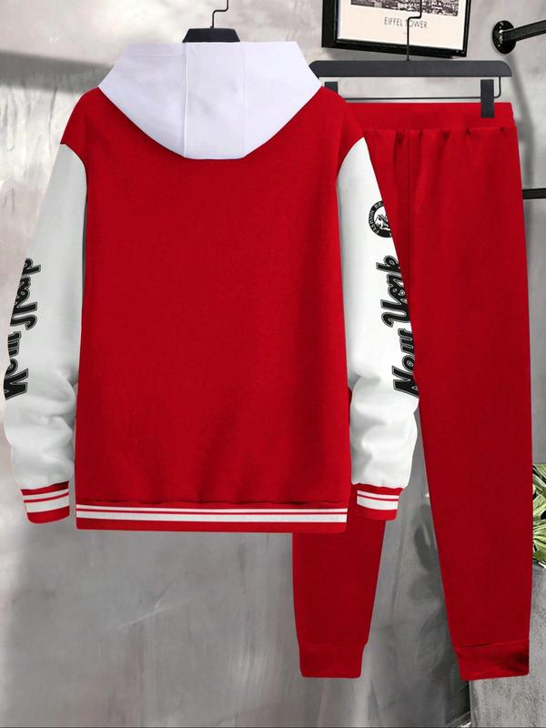 Men's Letter Print Slogan Baseball Jacket & Pants Two-piece Set, Loose Casual Long Sleeve Baseball Collar Outerwear & Trousers for Daily Wear, Men's Two-piece Outfits for Fall & Winter