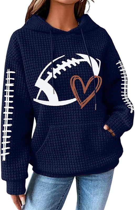 Game Day Hooded Sweatshirt Women Funny Football Graphic Shirt Waffle Knit Game Day Pullover Hoodies Long Sleeve