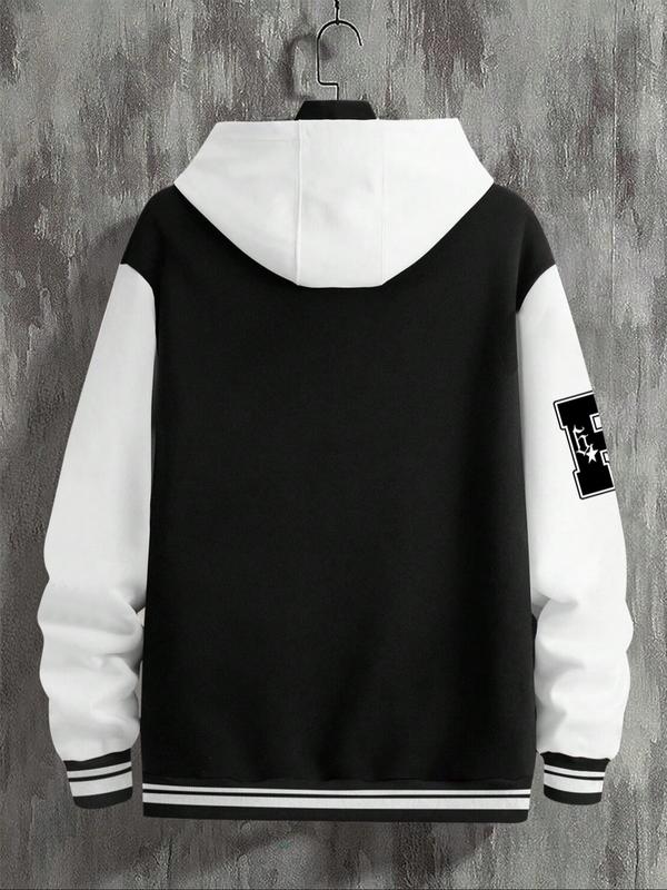 Men's Baseball Jacket Letter Print Long Sleeve Pilot Coat, Preppy Style Fitted Casual Outerwear for Fall & Winter