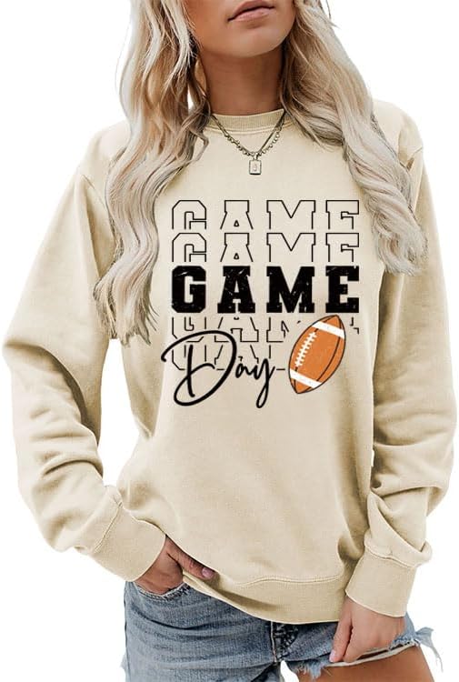 Game Day Sweatshirts for Women Football Fan Sweatshirt Letter Graphic Print Pullover Crewneck Long Sleeve Top