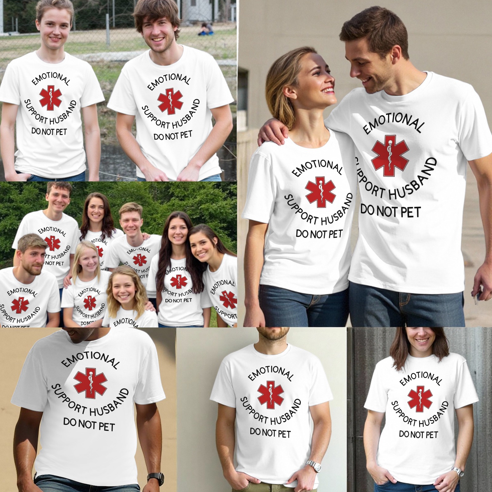 "Emotional Support Husband - Do Not Pet" Graphic T - Shirt | Humorous, Breathable Couple Tee - White