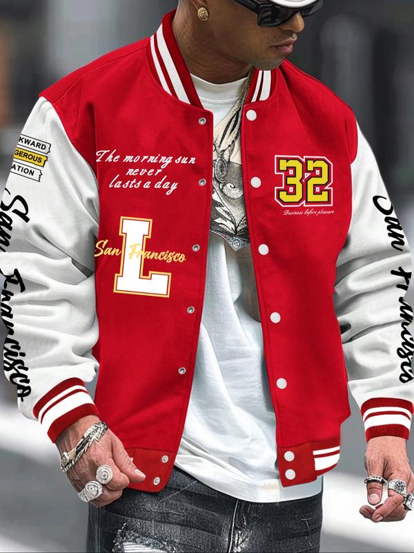 Men's Baseball Jacket Colorblock Letter Print Long Sleeve Fitted Pilot Coat, Preppy Style Winter Knit Outerwear, Casual Daily Wear