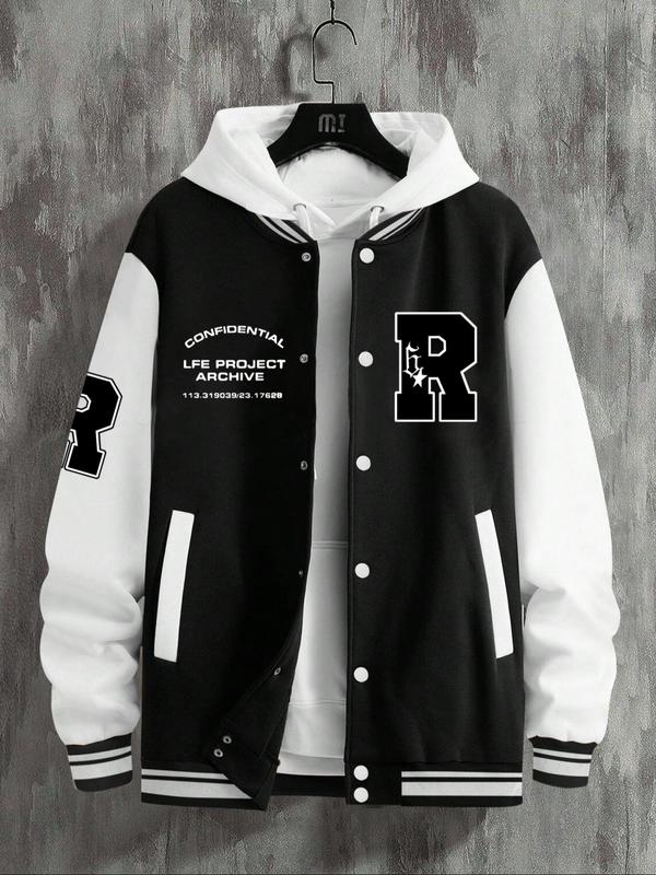 Men's Baseball Jacket Letter Print Long Sleeve Pilot Coat, Preppy Style Fitted Casual Outerwear for Fall & Winter