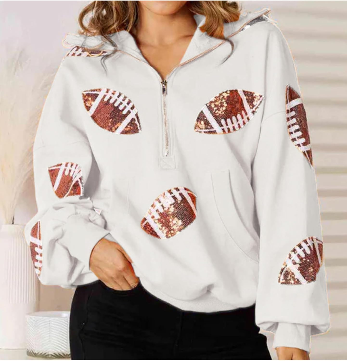 Womens Game Day Sweatshirts Football Sequin Hoodies Tailgate Outfits Long Sleeve Zipper Sweaters with Pocket