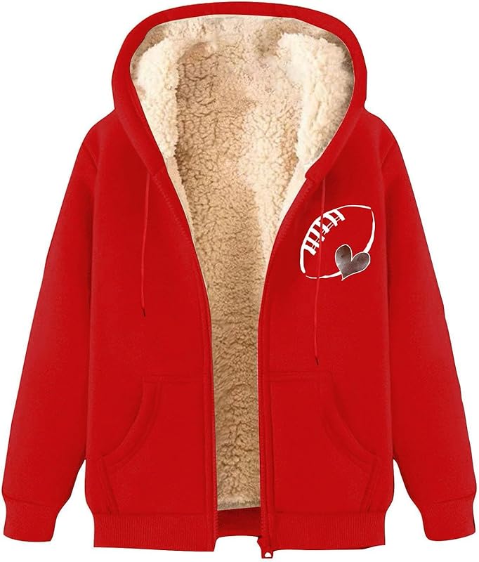 Game Day Sweatshirt Women Fleece Sherpa Lined Jacket Zip Up Football Sweatshirts Fall Warm Winter Coat with Pockets