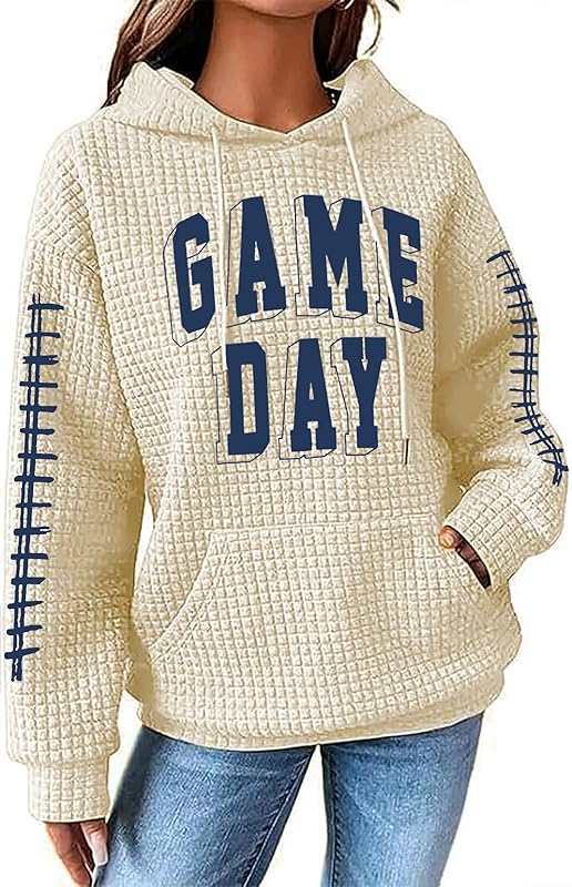 NEWWEN Game Day Sweatshirt Women Football Graphic Shirt Football Mom Waffle Knit Hoodie Game Day Long Sleeve Pullover Tops