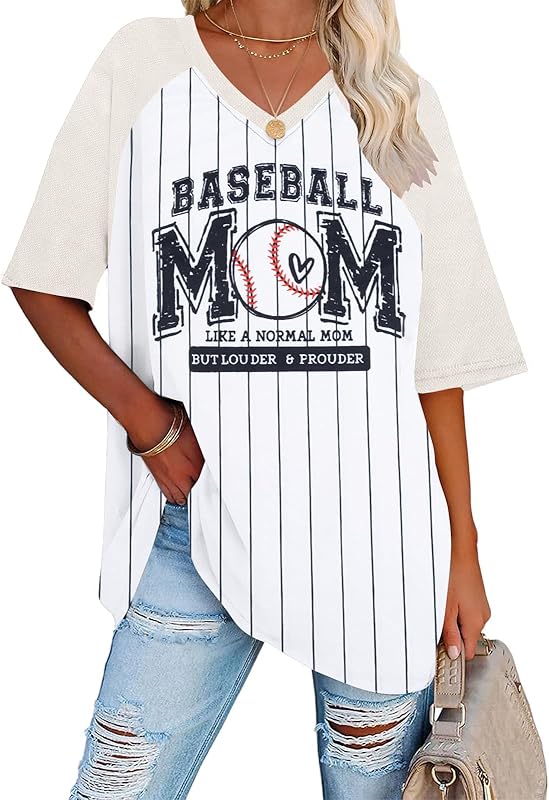 Baseball Mom Shirts for Women - Oversized V Neck Baseball Jersey Shirt Stripe Graphic Print Casual Tops Tees