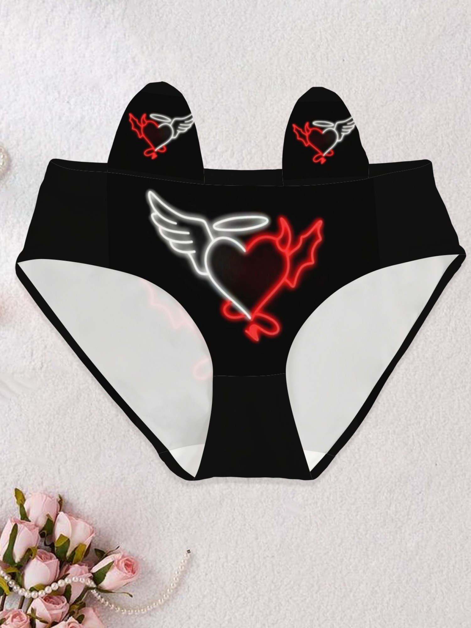 Women's Cute Cat Ear Waistband Heart Print Panties - Romantic "Love You" Black Lingerie