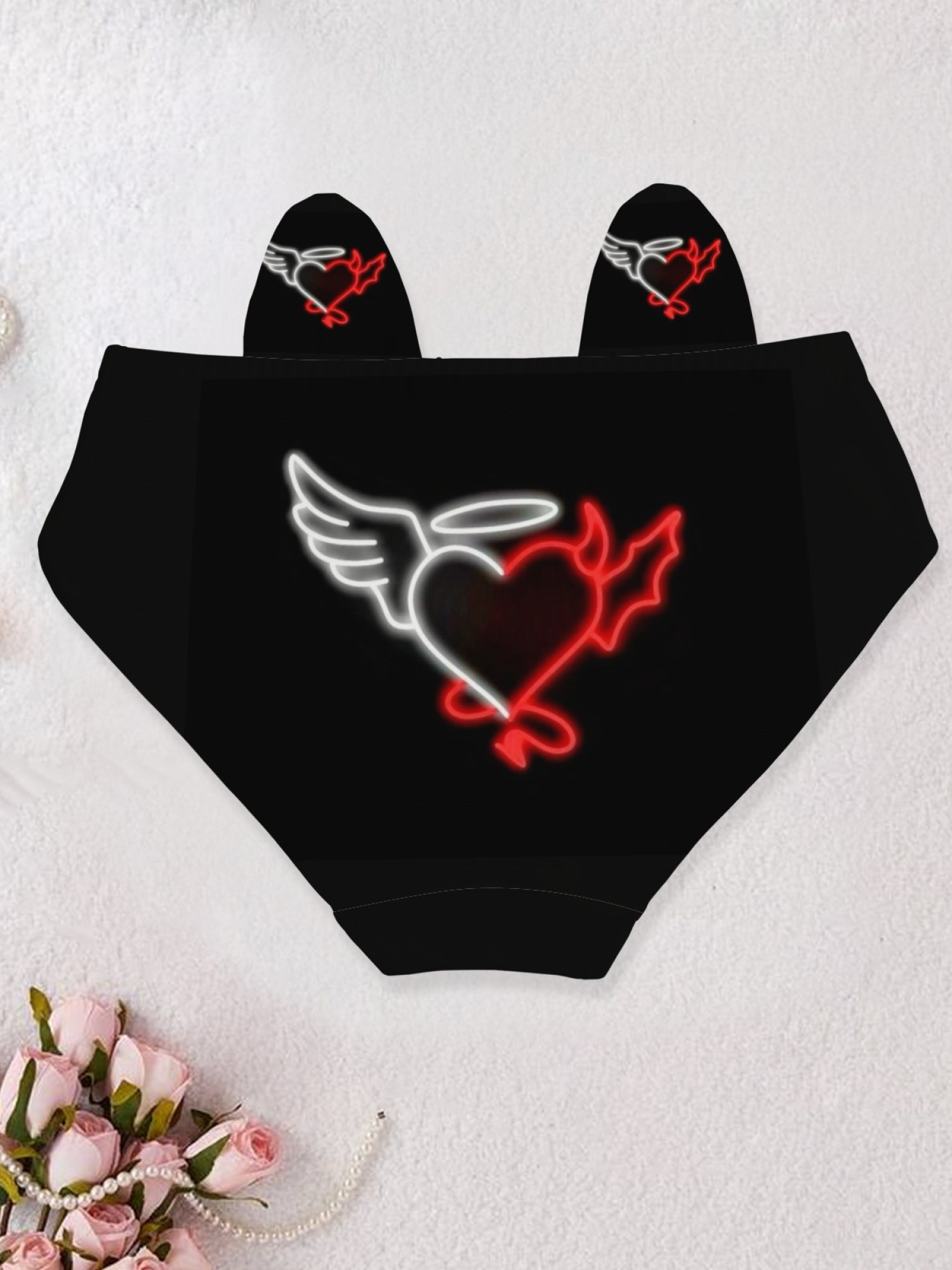 Women's Cute Cat Ear Waistband Heart Print Panties - Romantic "Love You" Black Lingerie