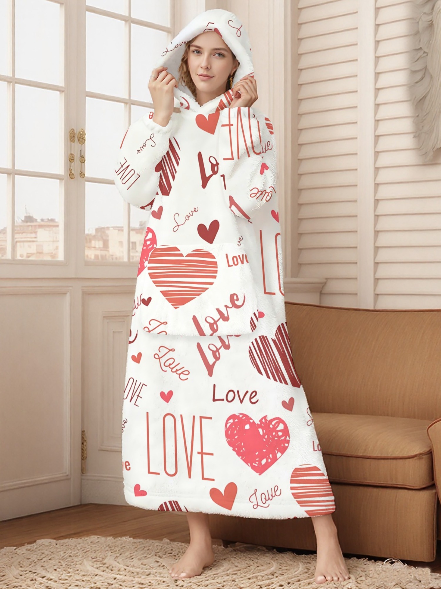 Women's Love Heart Printed Flannel Hooded Nightgown - Soft Cozy TV Robe (4 Styles: Red Love/Black I Love You/Arrow Heart/Leopard Heart)