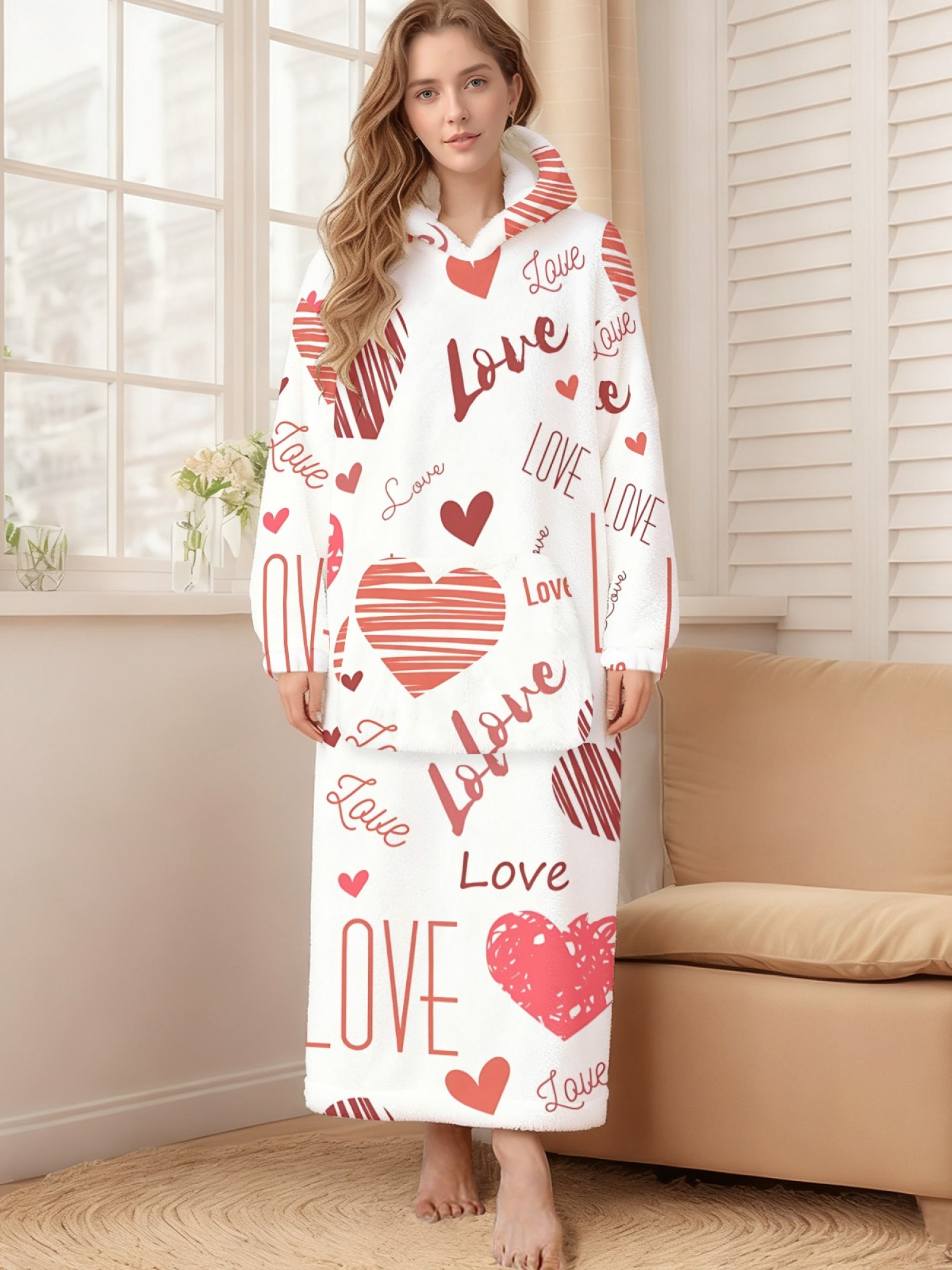 Women's Love Heart Printed Flannel Hooded Nightgown - Soft Cozy TV Robe (4 Styles: Red Love/Black I Love You/Arrow Heart/Leopard Heart)