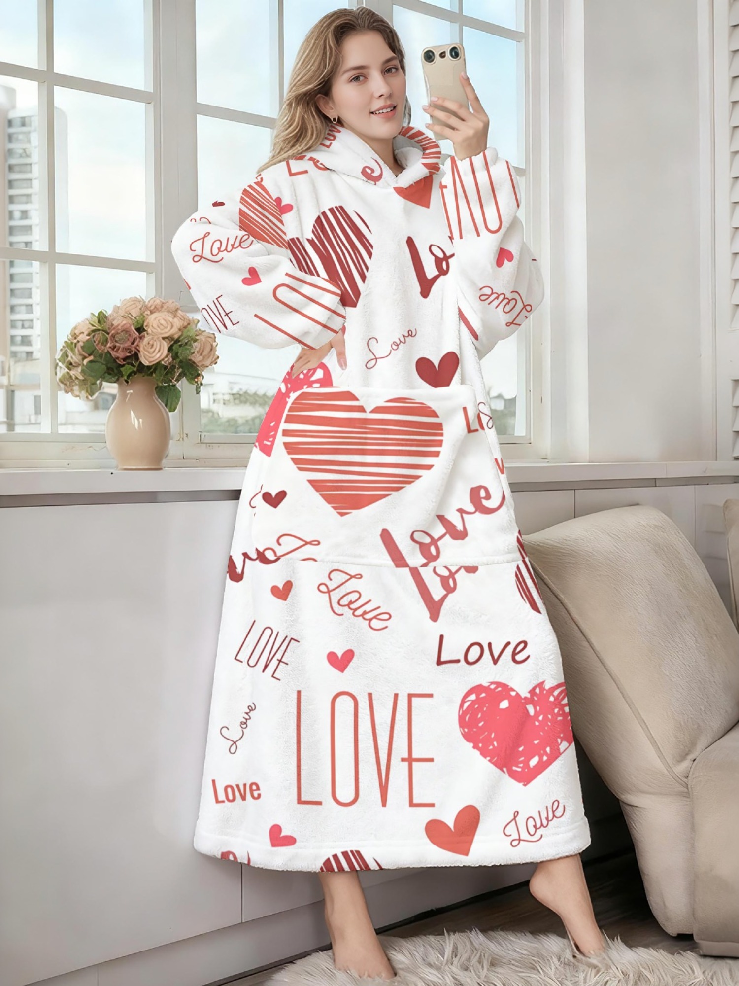 Women's Love Heart Printed Flannel Hooded Nightgown - Soft Cozy TV Robe (4 Styles: Red Love/Black I Love You/Arrow Heart/Leopard Heart)