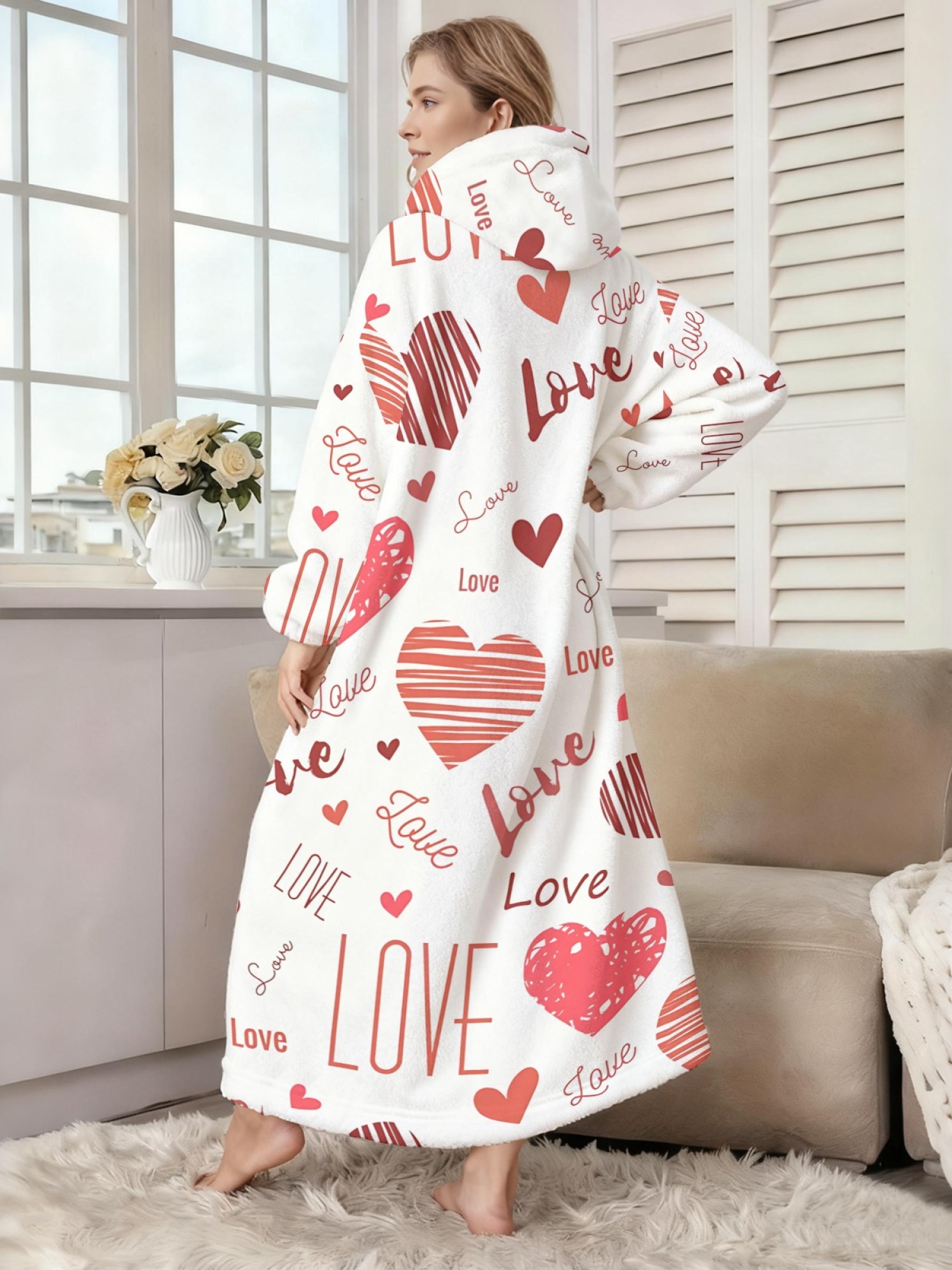 Women's Love Heart Printed Flannel Hooded Nightgown - Soft Cozy TV Robe (4 Styles: Red Love/Black I Love You/Arrow Heart/Leopard Heart)