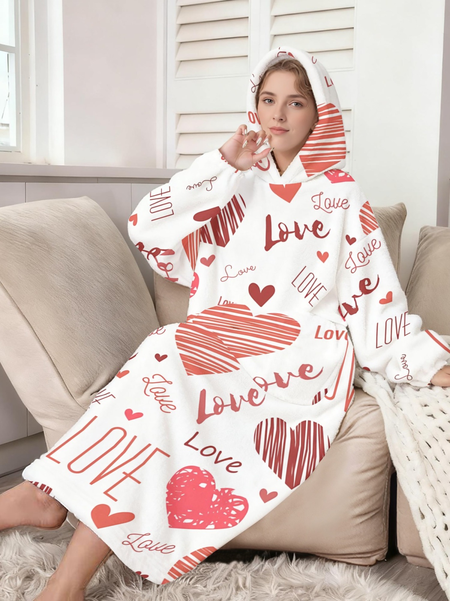 Women's Love Heart Printed Flannel Hooded Nightgown - Soft Cozy TV Robe (4 Styles: Red Love/Black I Love You/Arrow Heart/Leopard Heart)