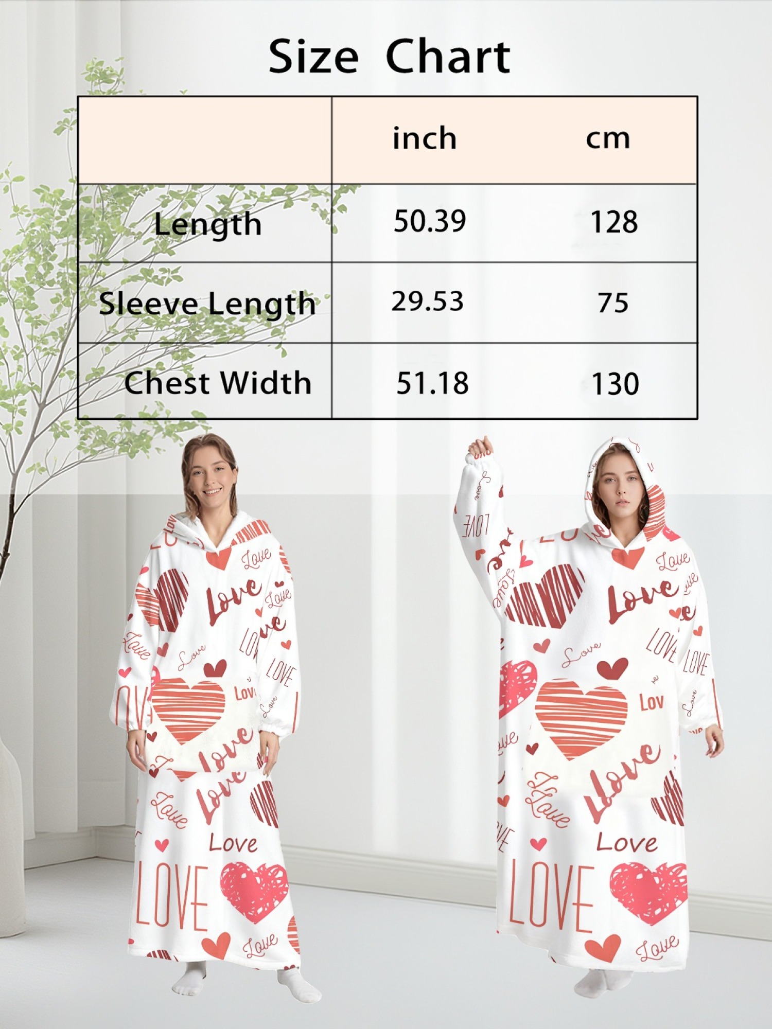 Women's Love Heart Printed Flannel Hooded Nightgown - Soft Cozy TV Robe (4 Styles: Red Love/Black I Love You/Arrow Heart/Leopard Heart)