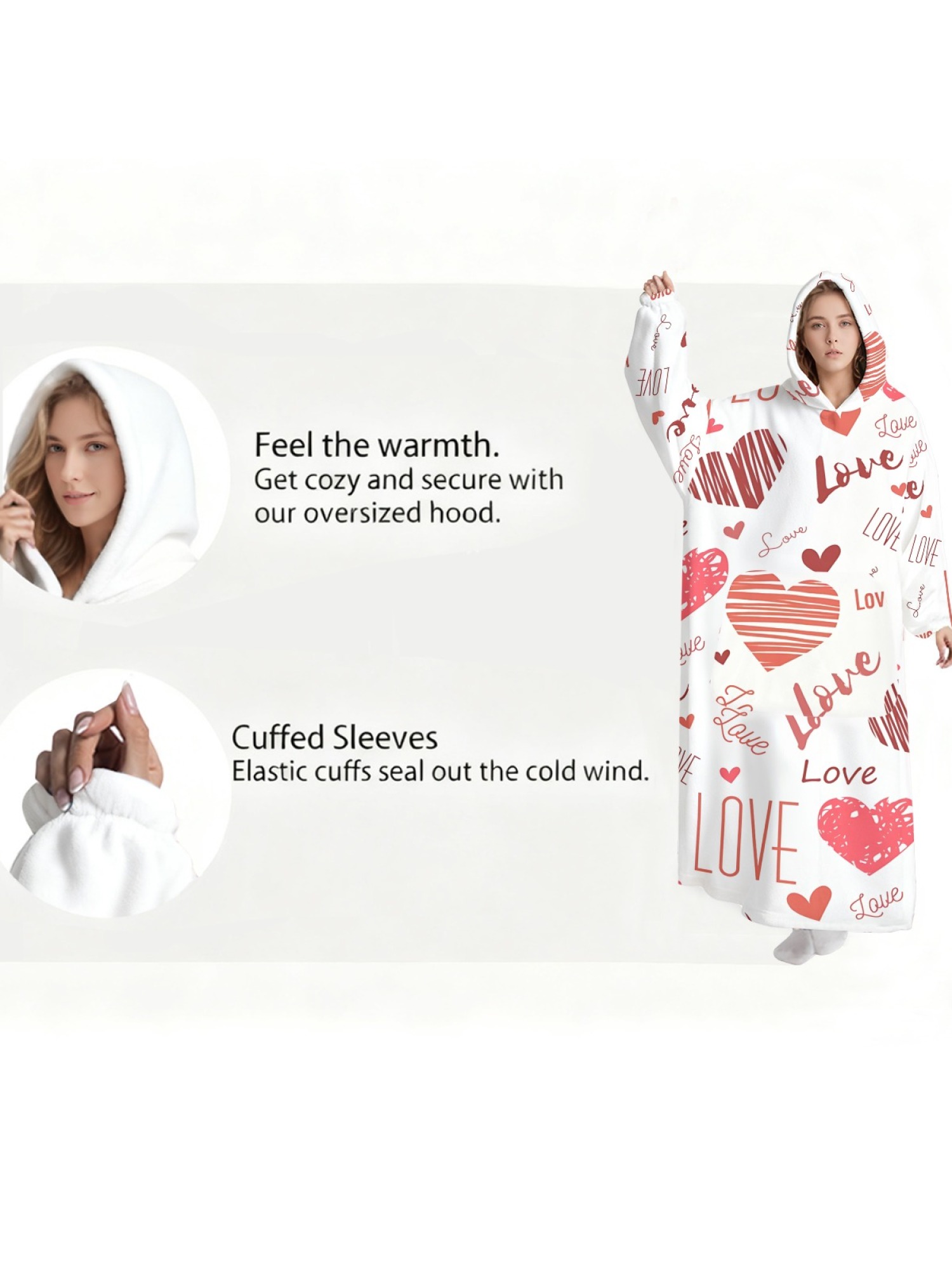 Women's Love Heart Printed Flannel Hooded Nightgown - Soft Cozy TV Robe (4 Styles: Red Love/Black I Love You/Arrow Heart/Leopard Heart)