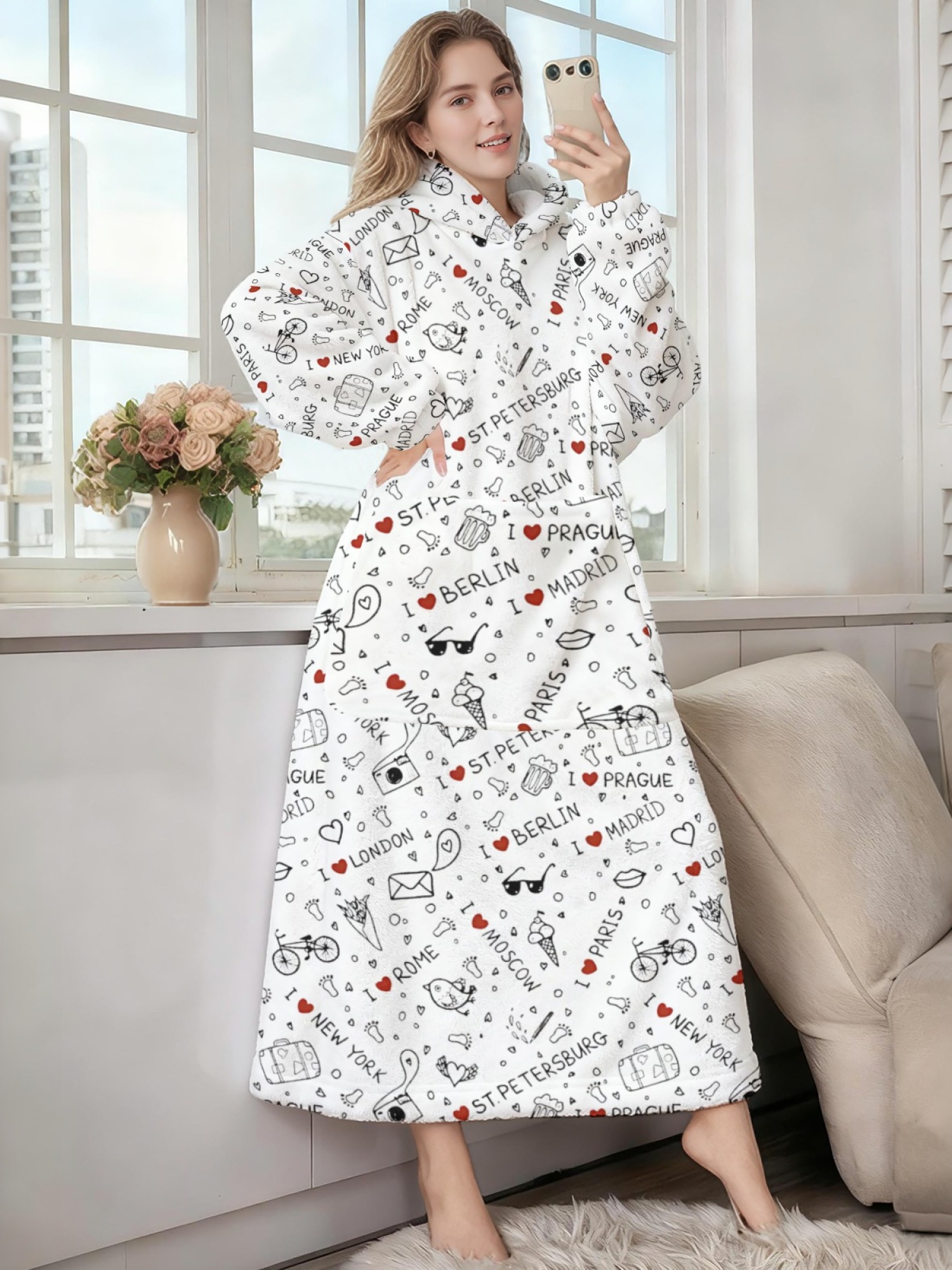 Women's Love Heart Printed Flannel Hooded Nightgown - Soft Cozy TV Robe (4 Styles: Red Love/Black I Love You/Arrow Heart/Leopard Heart)