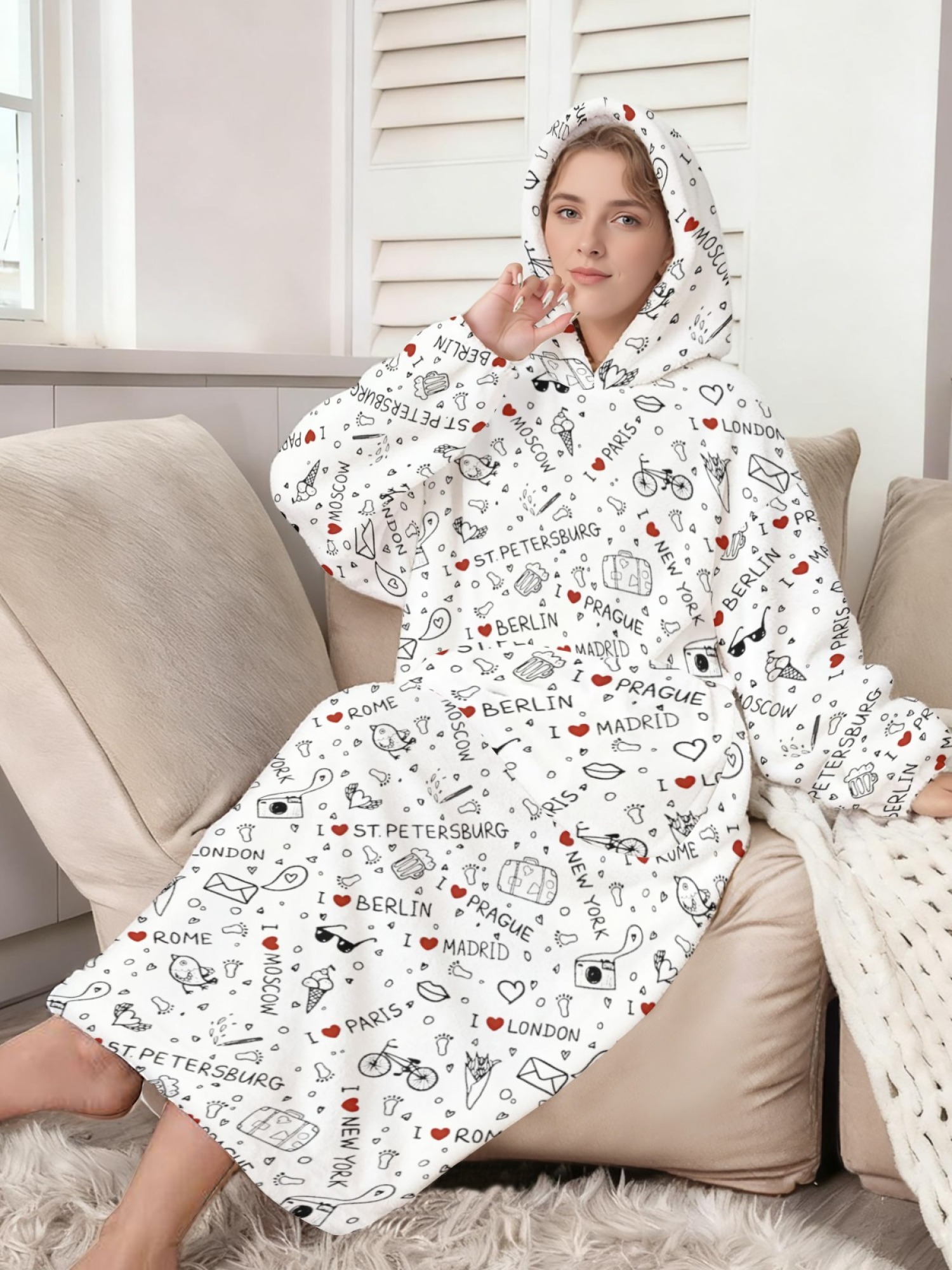 Women's Love Heart Printed Flannel Hooded Nightgown - Soft Cozy TV Robe (4 Styles: Red Love/Black I Love You/Arrow Heart/Leopard Heart)