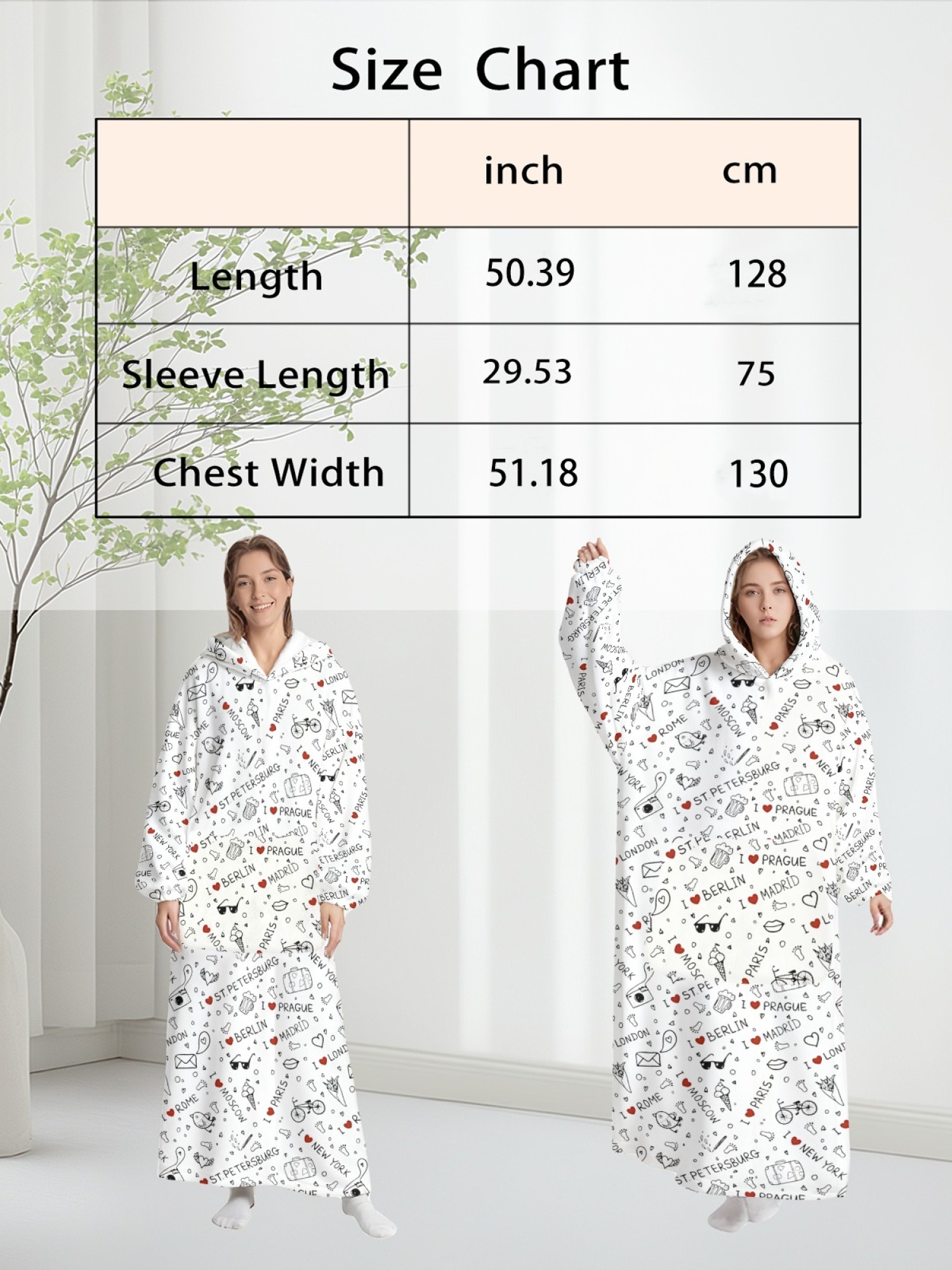 Women's Love Heart Printed Flannel Hooded Nightgown - Soft Cozy TV Robe (4 Styles: Red Love/Black I Love You/Arrow Heart/Leopard Heart)