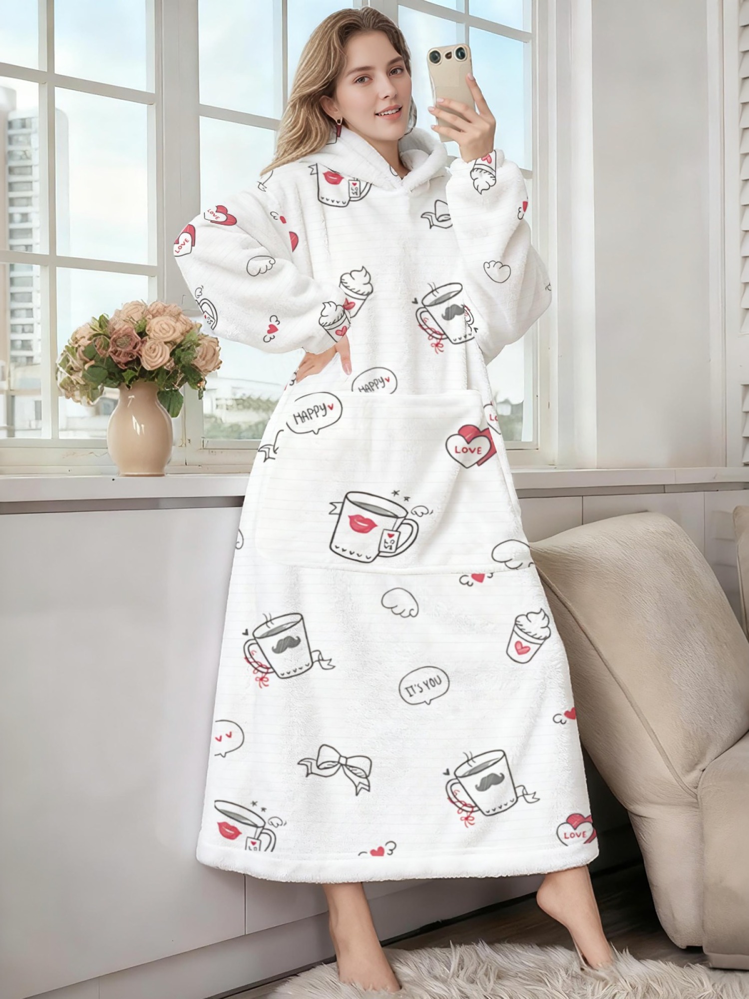 Women's Cute Coffee Cup & Love Print Flannel Hooded Nightgown - Soft Cozy TV Robe (White)