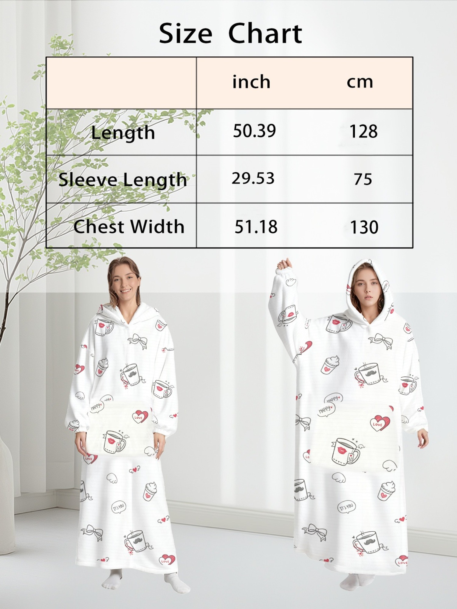 Women's Cute Coffee Cup & Love Print Flannel Hooded Nightgown - Soft Cozy TV Robe (White)