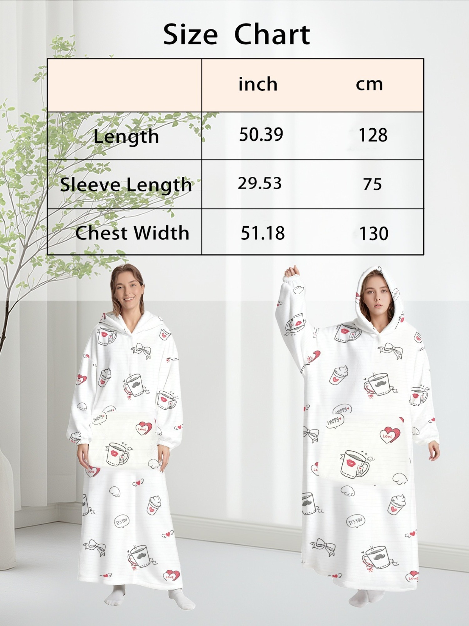 Women's Cute Coffee Cup & Love Print Flannel Hooded Nightgown - Soft Cozy TV Robe (White)