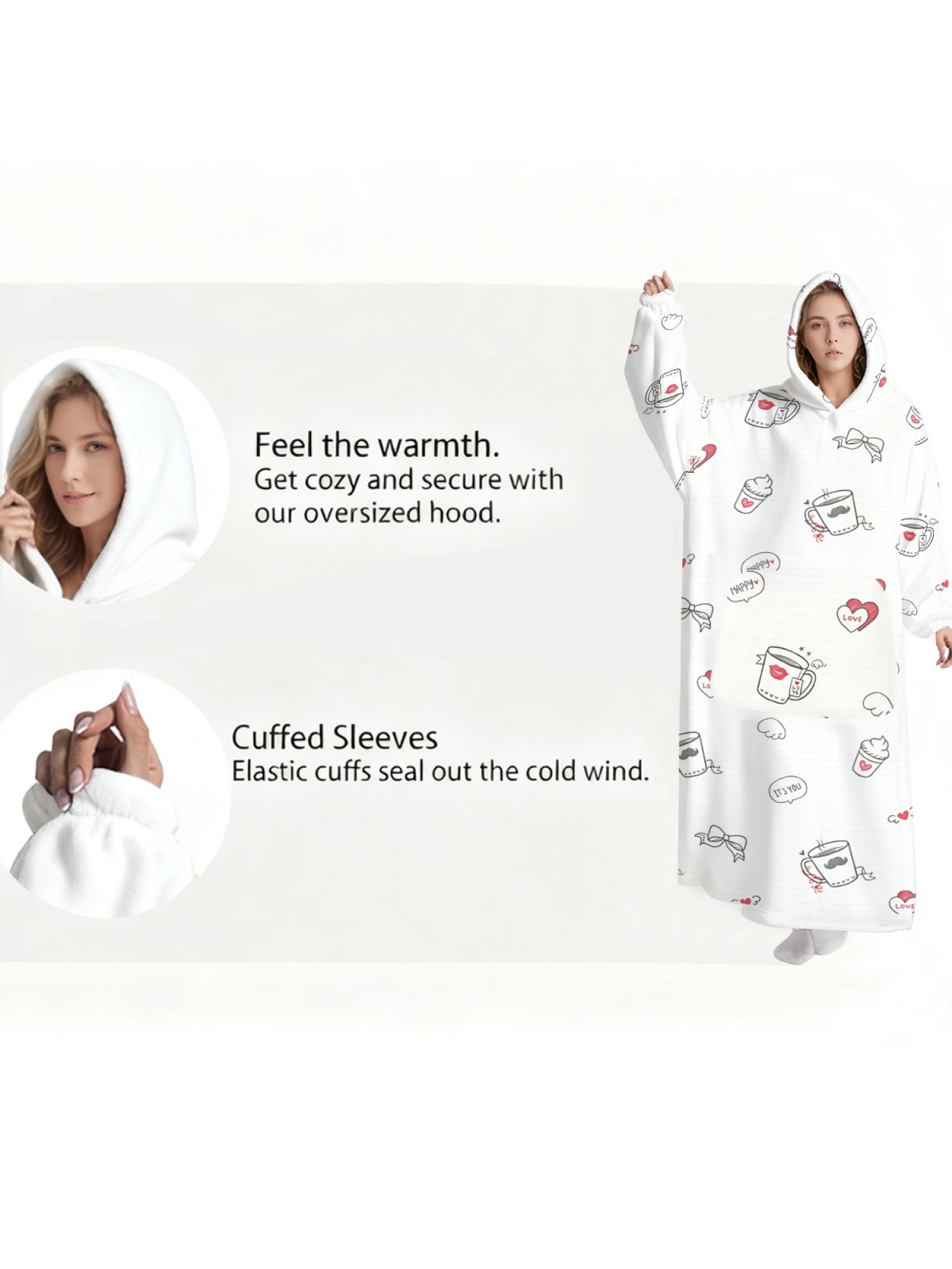Women's Cute Coffee Cup & Love Print Flannel Hooded Nightgown - Soft Cozy TV Robe (White)